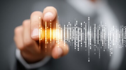 Hand touching digital interface with glowing light and abstract data stream.