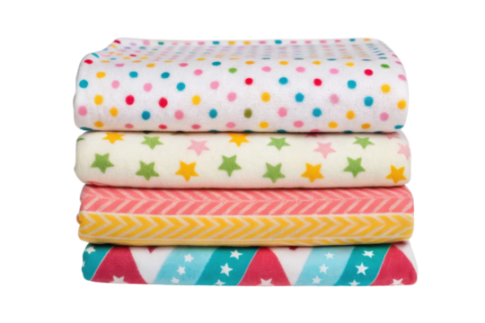PNG Colorful patterned fabrics with dots, stars, and zigzag designs in soft textures