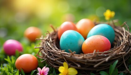 Obraz premium Colorful Easter eggs nestled in a springtime nest, ready for Easter celebrations , easter bunny, nature, art