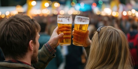 Cheers at outdoor festival - young caucasian couple enjoying beers amidst bustling evening crowd