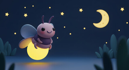 Cheerful 3D Cartoon Firefly Sitting on Glowing Orb Under Starry Night Sky with Crescent Moon