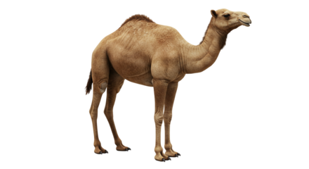 A single dromedary camel standing in profile against a black background in a studio setting
