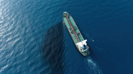 Aerial view of cargo ship on open ocean with clear blue water