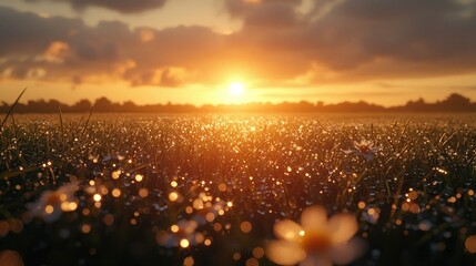 Sunrise over dew-kissed field with blurred daisies