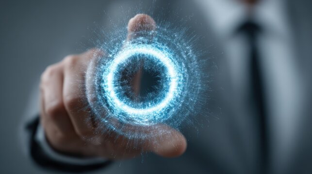 Man in suit touches glowing blue circle interface with finger technology concept.