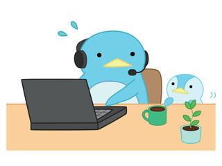 リモートワークをする子育て中のペンギン　主線あり