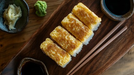Preparing tamago sushi top view of sweet japanese omelet on wooden platter culinary art japanese cuisine food photography