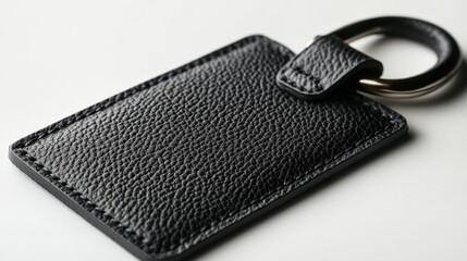 Black leather luggage tag with stitching on white background close-up view.