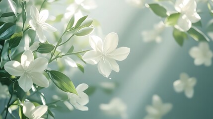 Fototapeta premium Delicate white blossoms, sunlit leaves