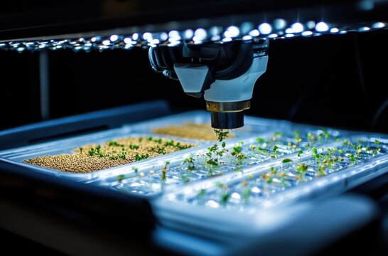 Robotic arm placing seeds into vertical farming trays under