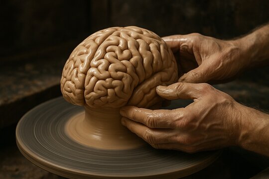 Potter shaping brain sculpture on wheel