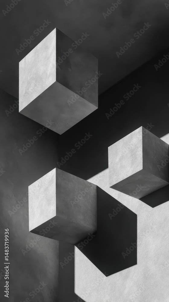 Poster abstract floating cubes in modern grayscale interior, creating intriguing shadows and depth for arti