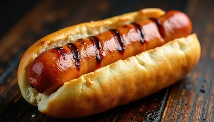 Grilled hot dog on a bun, charred marks visible, hot dog, charred