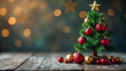 Miniature Christmas tree adorned with colorful baubles , white, yellow