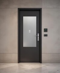 Sleek minimalist lobby door with modern service bell , office, threshold