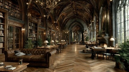 Fototapeta premium Elegant Gothic Library with Arched Ceilings Bookshelves and Warm Lighting for Study or Relaxa