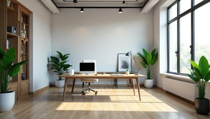 Modern, minimalist office interior with large windows and natural light Desk, plants, and stylish decor , room, style