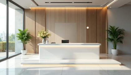 Modern minimalist reception desk in a bright office space , office supplies, building