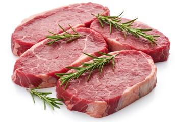 Fototapeta premium Raw beef steaks with rosemary sprigs isolated on a white background