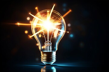 A brilliant incandescent bulb bursts with dynamic sparks and radiant light particles symbolizing an explosive moment of genius innovation or a powerful creative breakthrough