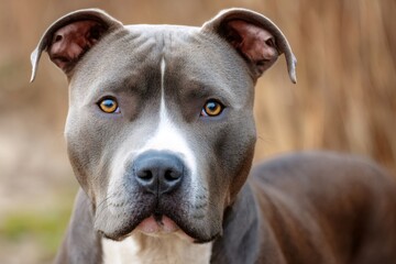 Portrait of powerful pit bull terrier guarding with intense gaze