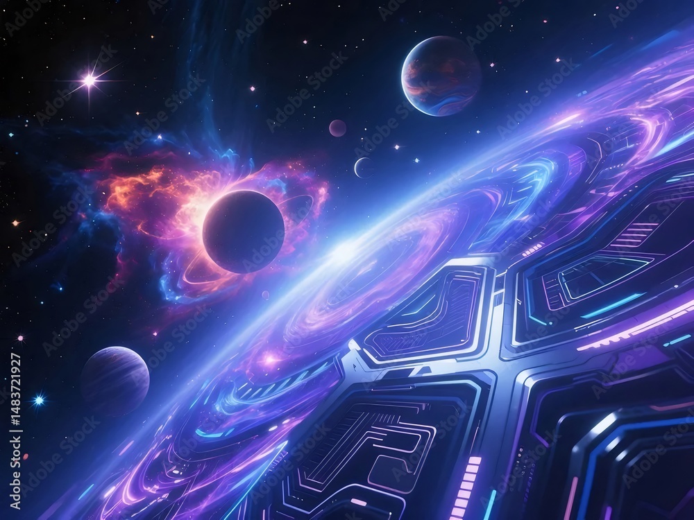 Aufkleber 紫と青の宇宙空間 星雲と惑星が輝く背景テクノロジー デザインのアクセント