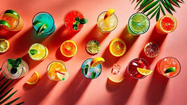 A row of colorful drinks with a pink background. The drinks are in various shapes and sizes, and they are all lined up next to each other. The drinks include orange juice, lemonade