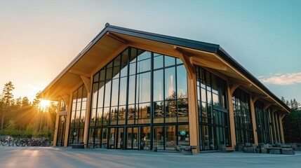 Obraz premium Stunning Wooden Architecture: A Modern Building at Sunset