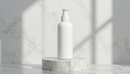 "Photorealistic White Cosmetic Bottle Mockup on Marble Pedestal"
