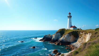 Solitary white lighthouse against vibrant blue sea , isolated, sky