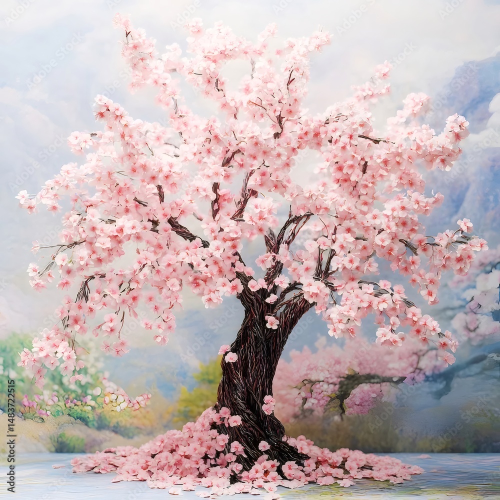 Poster 満開の桜の木 淡いピンクの花びらが散る美しい背景 春の日本の自然風景 静寂と平和を感じる庭園のイメージ