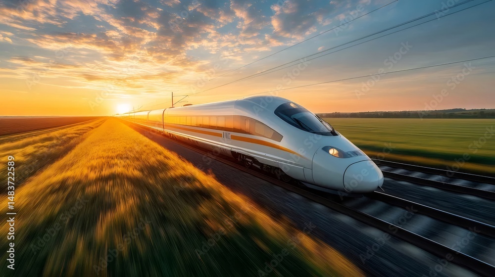 Aufkleber 夕暮れの畑を走る白い高速鉄道 輸送効率を象徴する現代のテクノロジー スピード感と革新的なデザイン