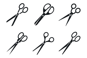 Collection of Six Different Black Scissors Icons Isolated on White Background