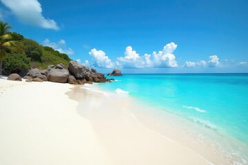 Obraz premium White sand, clear blue water under a cloudless sky, day, warm, seascape