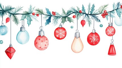 Hand-Drawn Watercolor Christmas Clipart: Festive Garland and Electric Lights for Holiday Celebrations