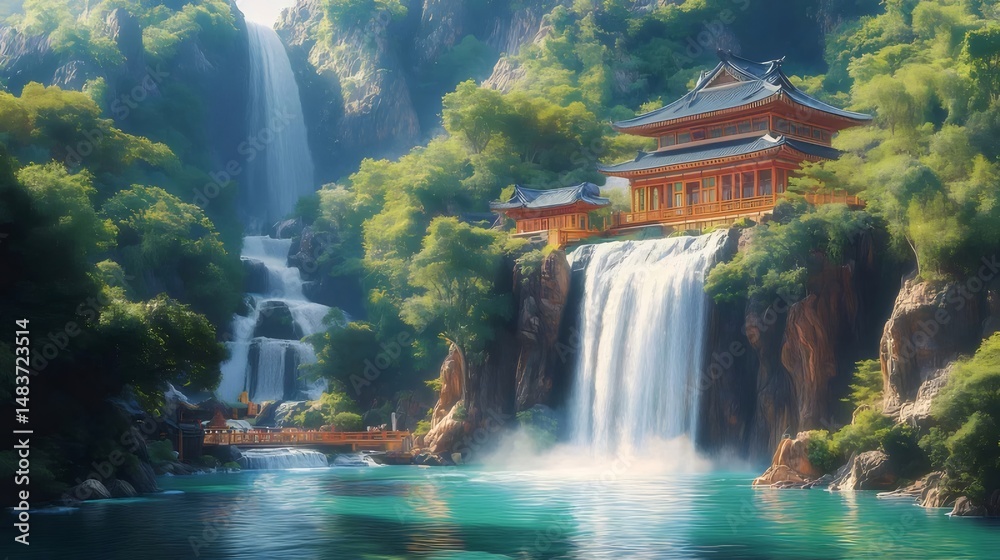 Poster 滝と伝統的な建築が織りなす鮮やかな風景の中に佇む東洋の寺院 日本の伝統的な要素を取り入れた水辺の建築と緑豊かな自然のコントラスト