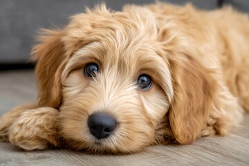Adorable cockapoo puppy lying on the floor with head down