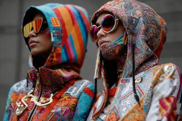 Two women wearing colorful hooded jackets and sunglasses