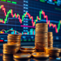 Digital trading scene with coin stacks and price charts showcasing modern finance and investment strategies.