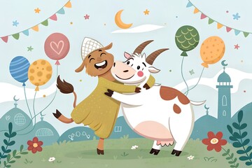 Animated Eid ul Adha background showing joyful goats and cows celebrating with festive Islamic elements