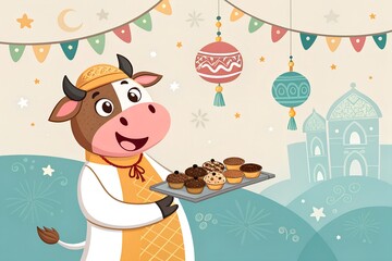 Festive Eid ul Adha cartoon with animated goats and joyful celebration lights in Islamic culture