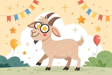 Cartoon goat wearing festive cap for Eid ul Adha celebration with cheerful background