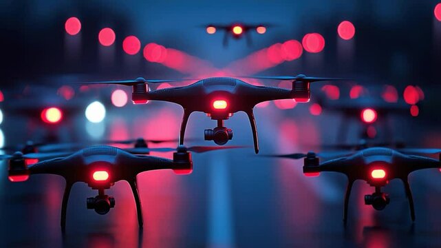 Multiple drones fly over a wet city street at night.