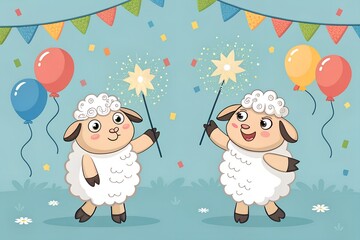 Eid ul Adha cartoon sheep holding holiday lantern in Islamic festive background