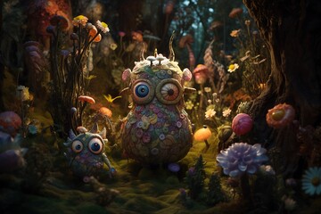 Fantasy creatures in a whimsical forest.