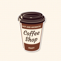 Coffee shop. Hot and aromatic. Vector illustration. Concept for cafe and restaurant logo, brand, label. Logo with Reusable coffee cup.