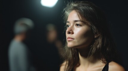 Fototapeta premium A serene woman gazes thoughtfully into the distance, her expression peaceful under soft lighting in a dimly lit room.