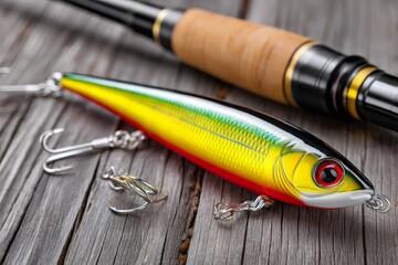 Colorful fishing lure and fishing rod resting on wooden surface