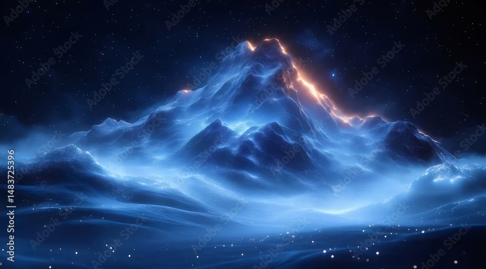 Poster 青い輝きを放つ雪山の夜景 雲と星が輝く神秘的な抽象風景