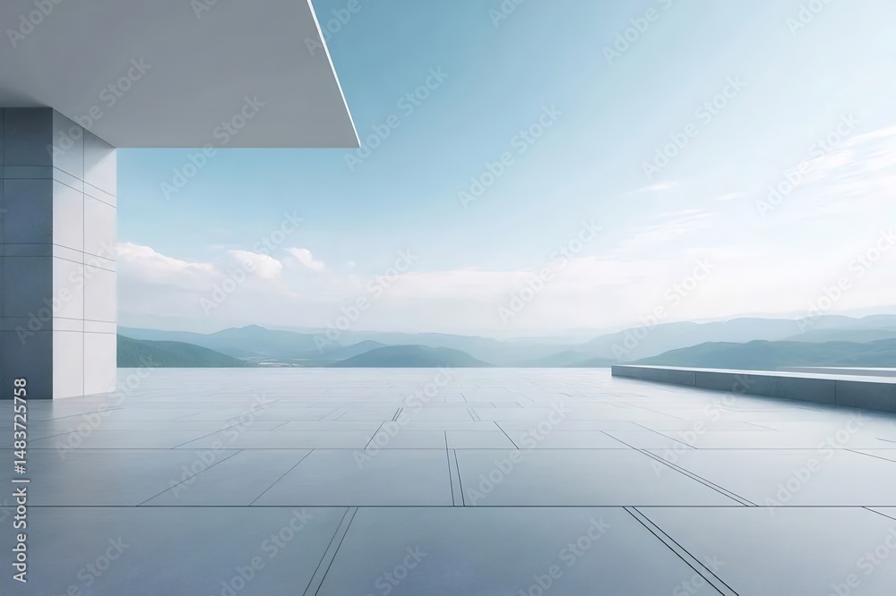 Aufkleber 青い空と湖の眺めを備えたミニマリストのコンクリート建築テラスの風景と山々の背景